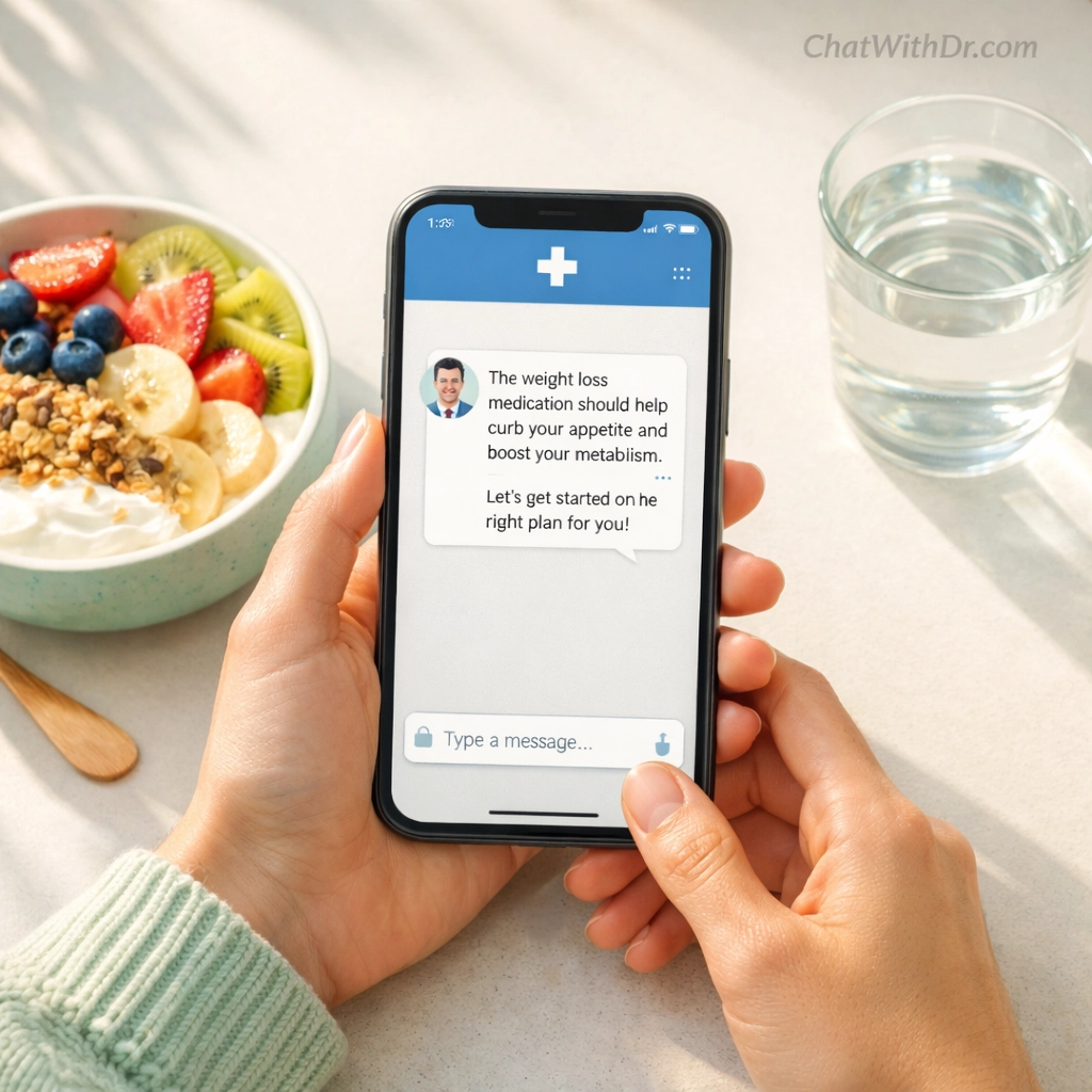 Patient using smartphone for wegovy online consultation with doctor via secure text messaging