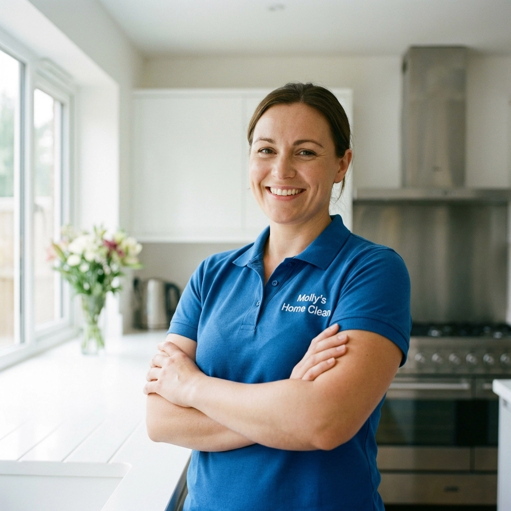 Professional cleaning woman standing confidently in a spotless kitchen, representing cleaner pride and quality work.