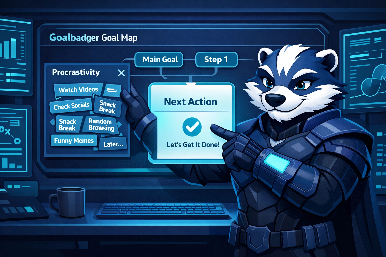 Goalbadger coach helping you escape the procrastivity trap: fewer widgets, clearer next actions, modern Goal Map UI (no cape, athletic build, three-part white forehead blaze, navy segmented armor, supportive mentor vibe).