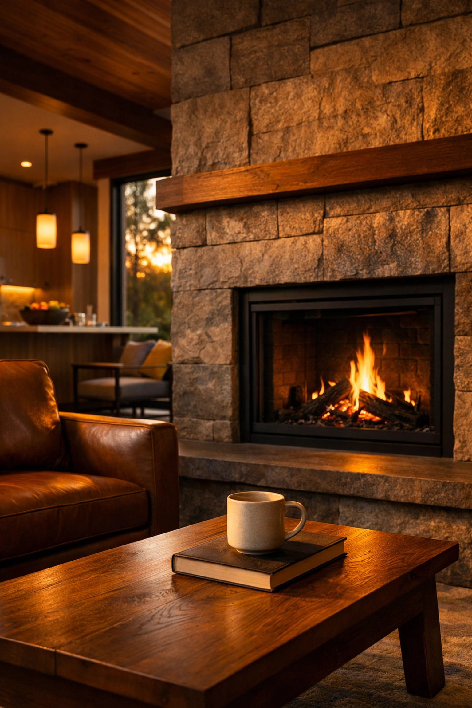 Modern common area with a stone fireplace at Winston Place, an upscale Nashville recovery residence.