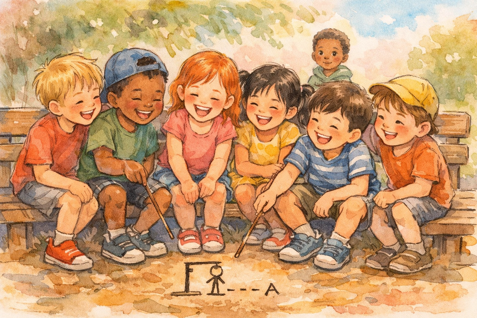 Children sitting together on playground bench showing friendship and inclusive kindness