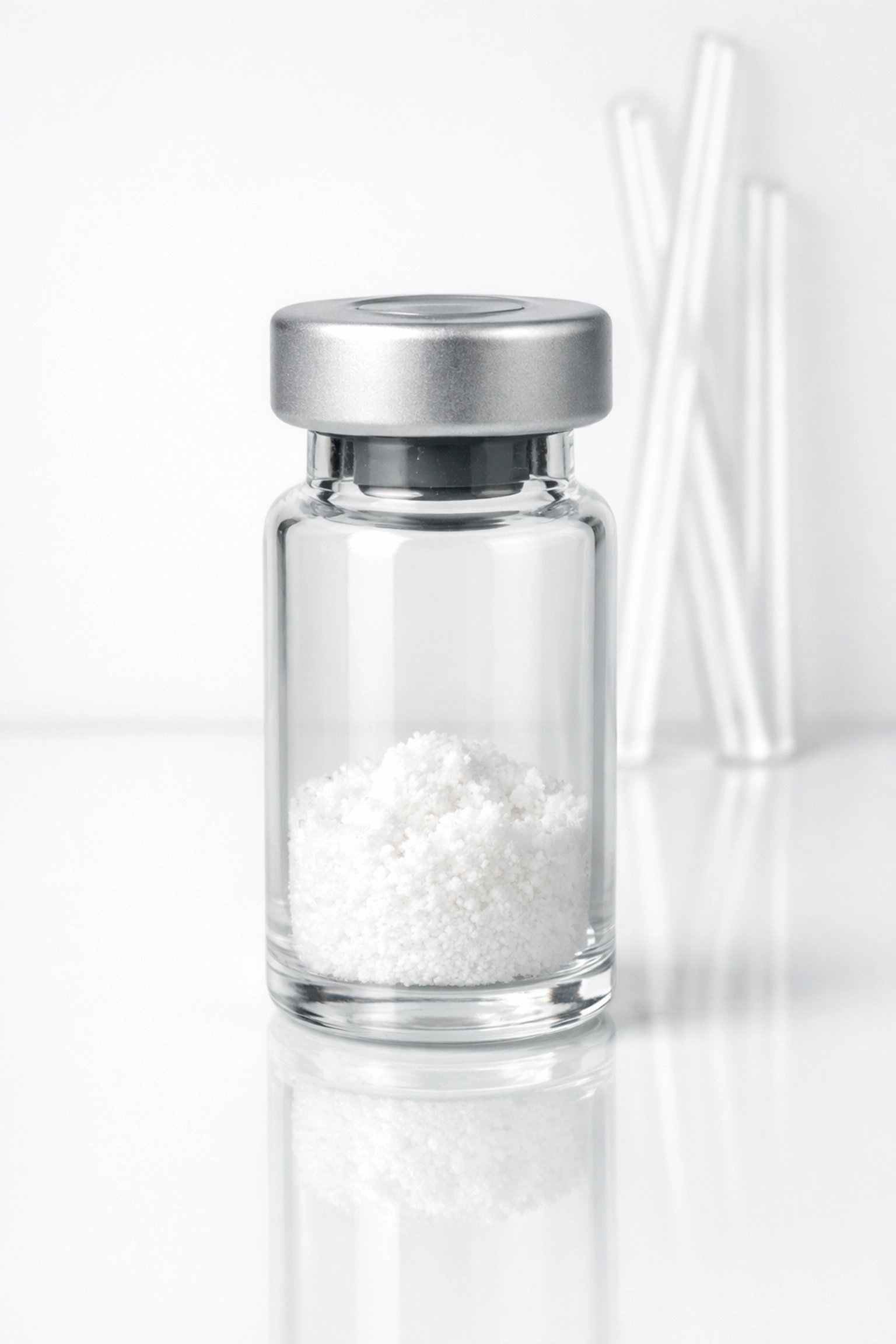 Clear vial of Retatrutide peptide powder representing its triple agonist weight loss research properties.