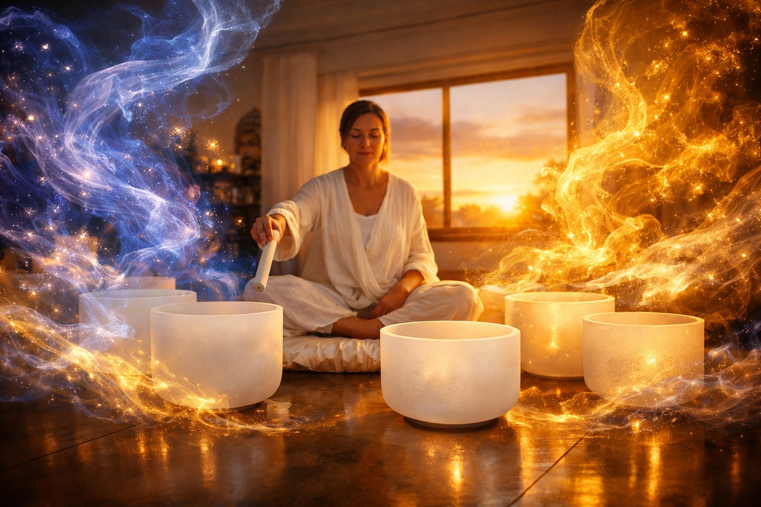 Professional practitioner using crystal singing bowls in a sound therapy certification course.