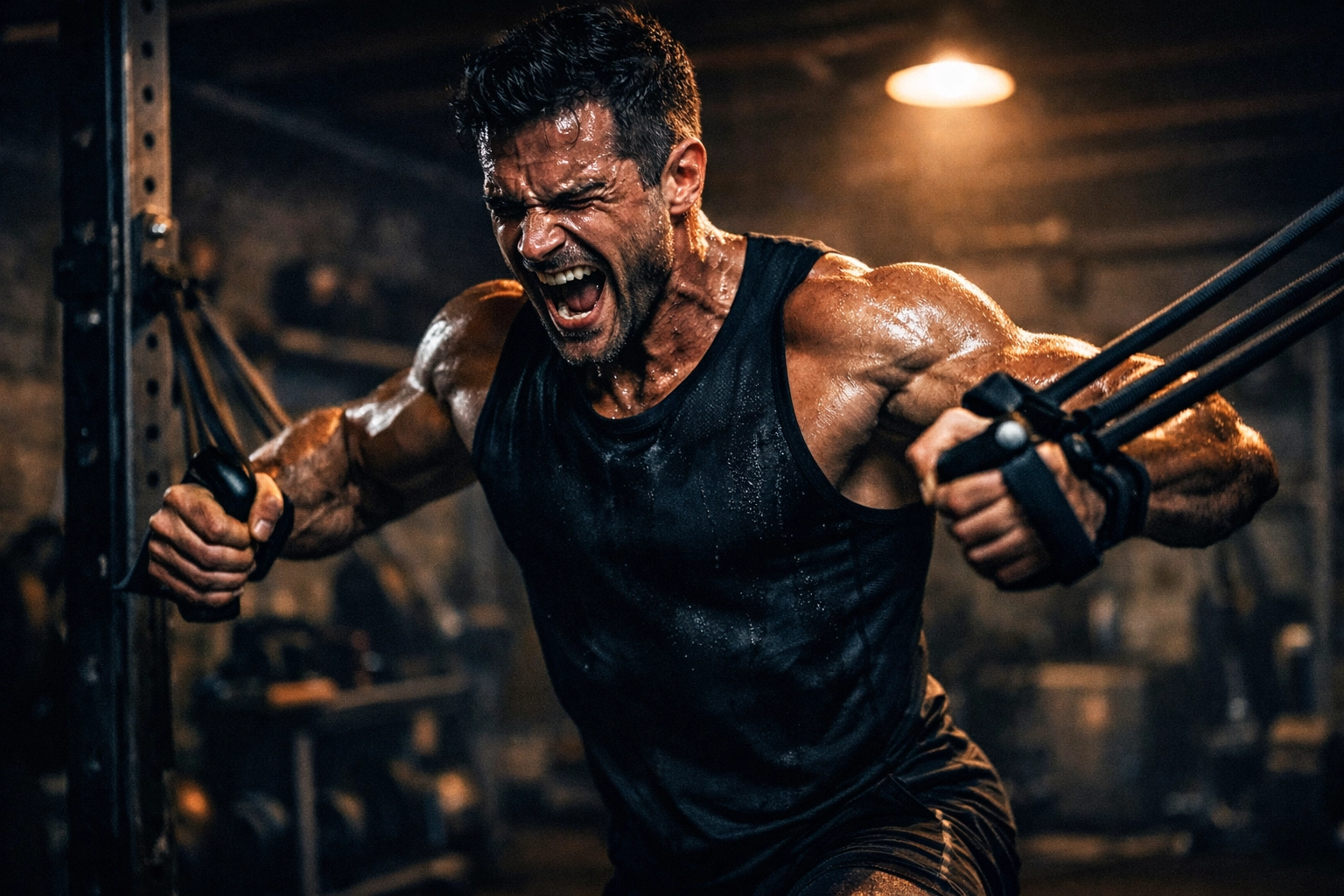 Professional athlete using a resistance training rail and bands for a high-intensity workout.