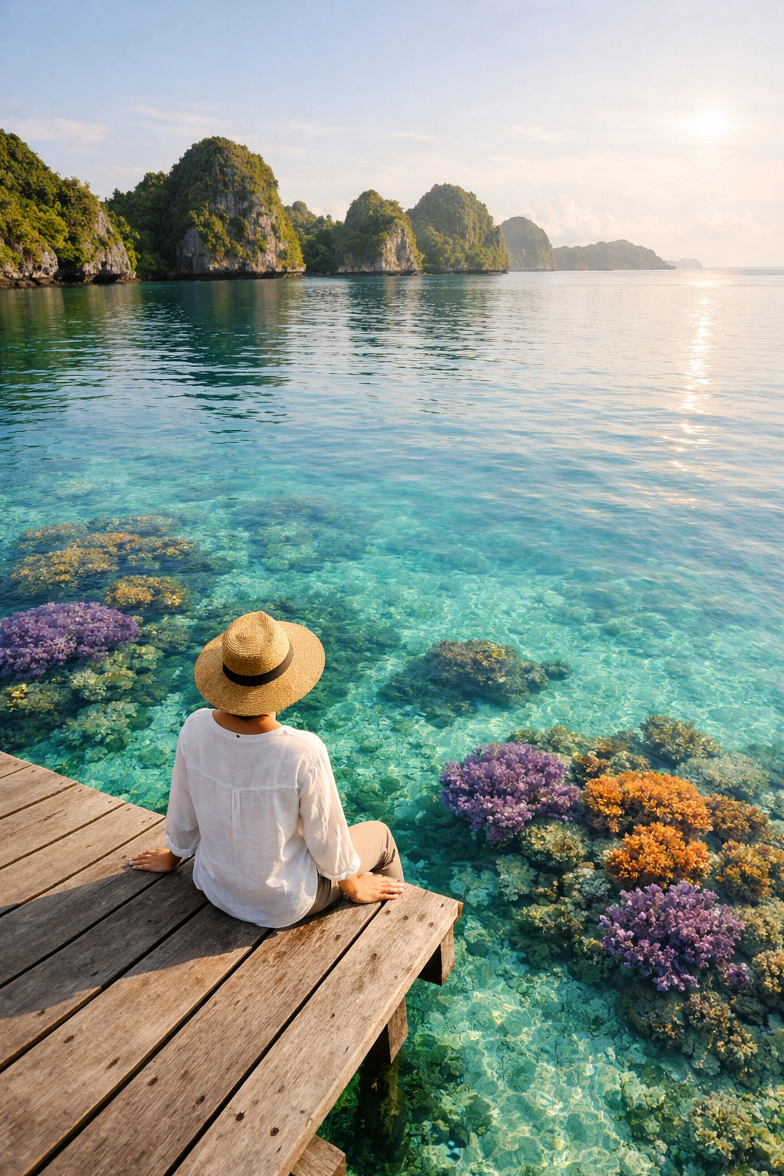 Traveler overlooking a clear turquoise lagoon and coral reefs from an overwater deck in Raja Ampat, Indonesia.