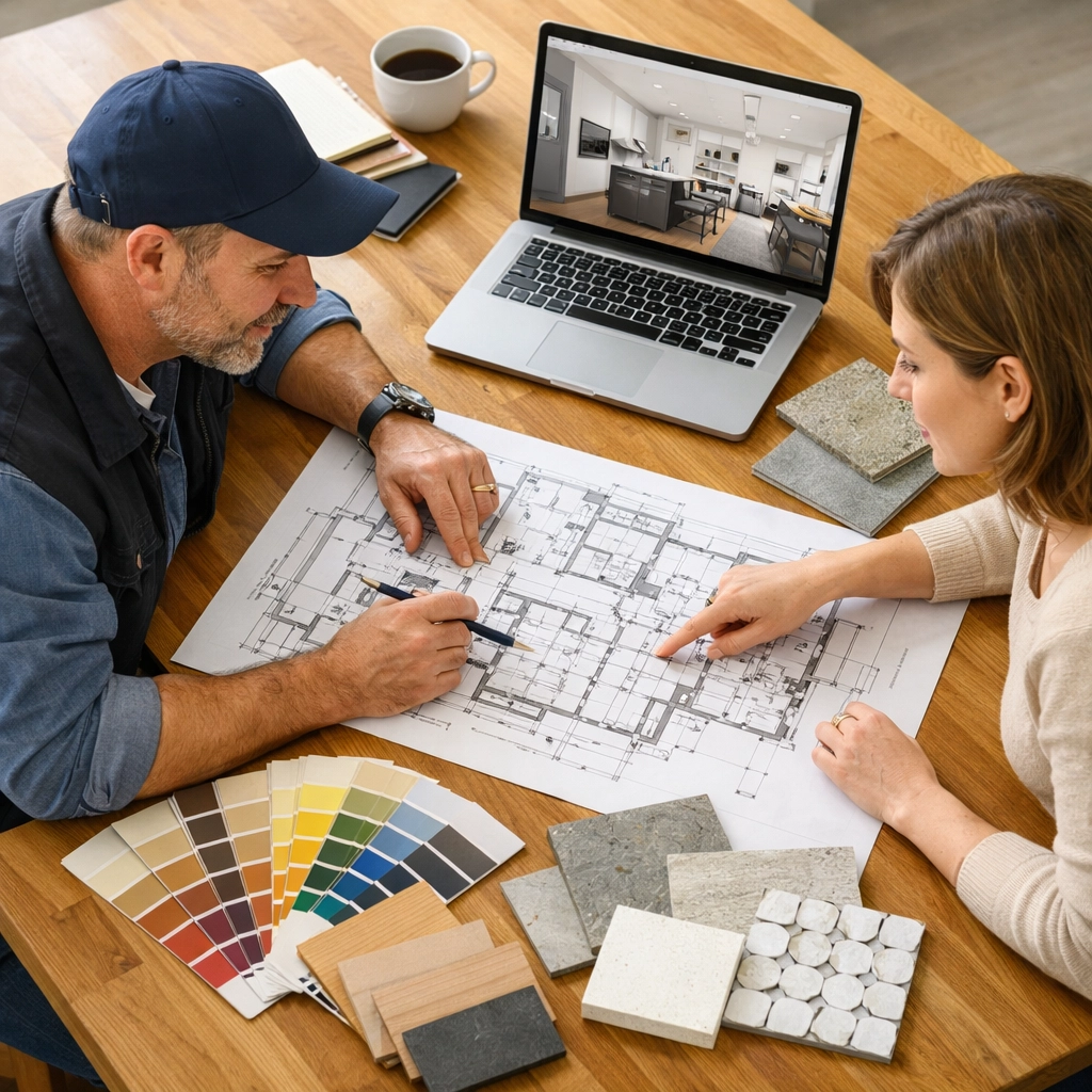 General contractor reviewing renovation blueprints and material samples with homeowner