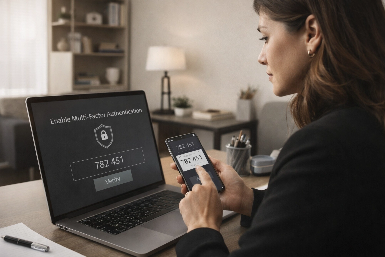 Secure biometric laptop login protecting data integrity for women-led businesses in a high-tech office.