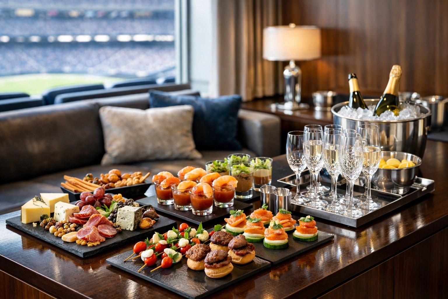 Gourmet corporate hospitality and premium catering in a luxury Super Bowl executive suite.