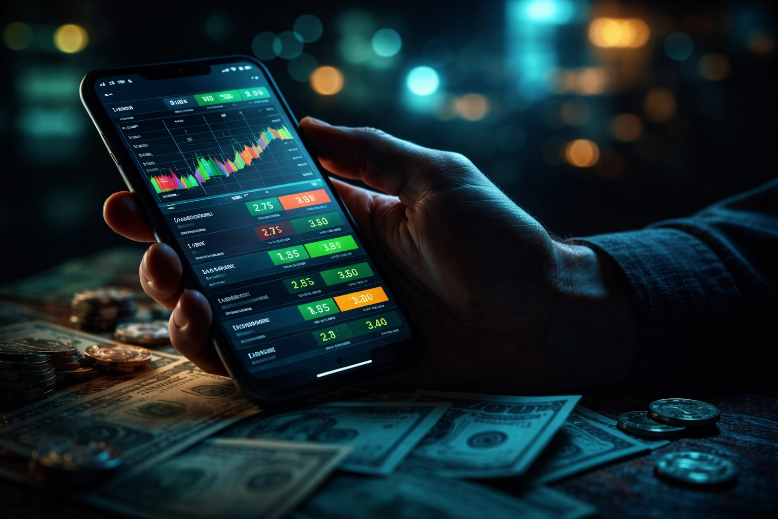 A person uses a smartphone to place prediction market bets, surrounded by cash in a casino-like atmosphere at night