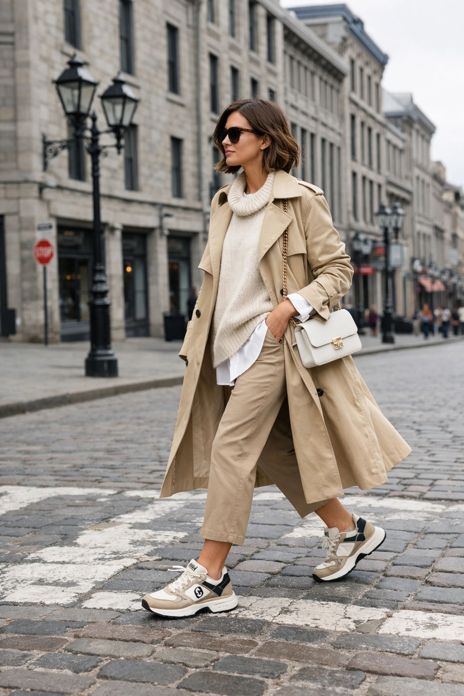 Spring fashion street style in historic Old Montreal featuring a chic trench coat.