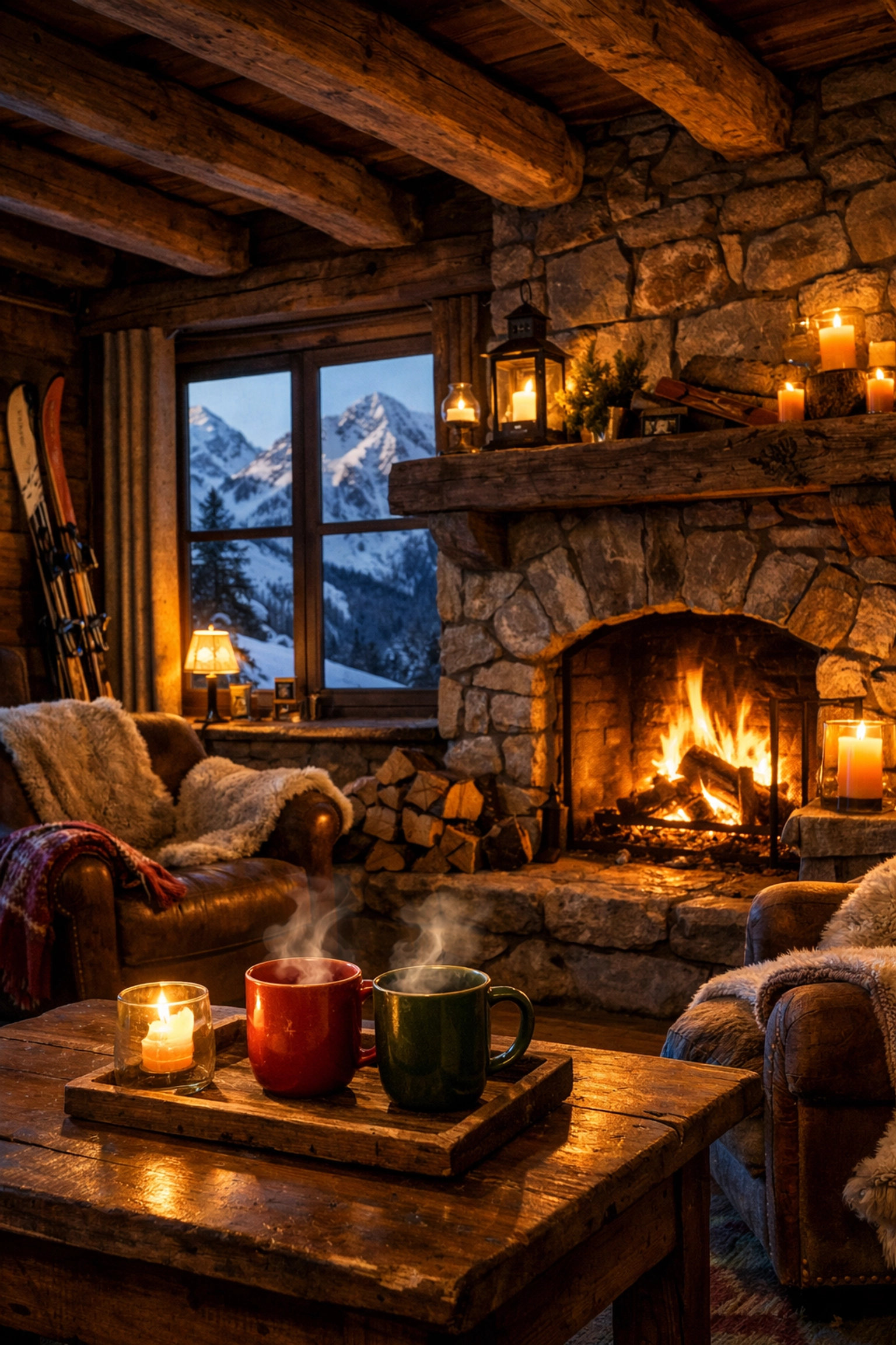 Cozy mountain lodge interior with fireplace for winter travel itinerary planning