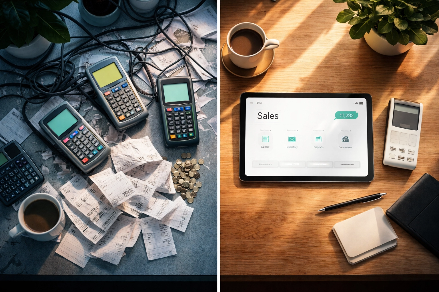 Desk comparison highlighting cluttered card terminals versus a simple crypto POS tablet for small business payments.