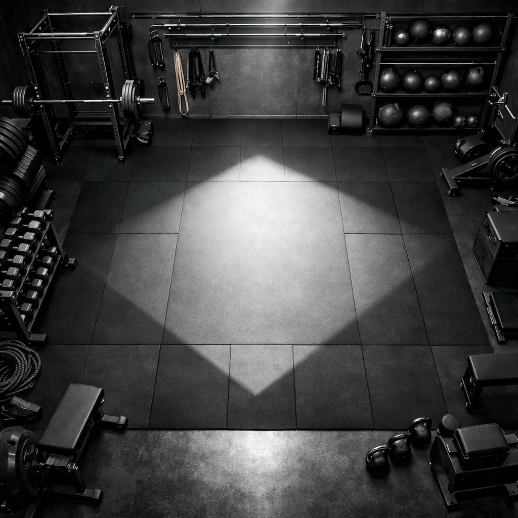 Top-down view of a versatile home gym layout with equipment organized to maximize training space.