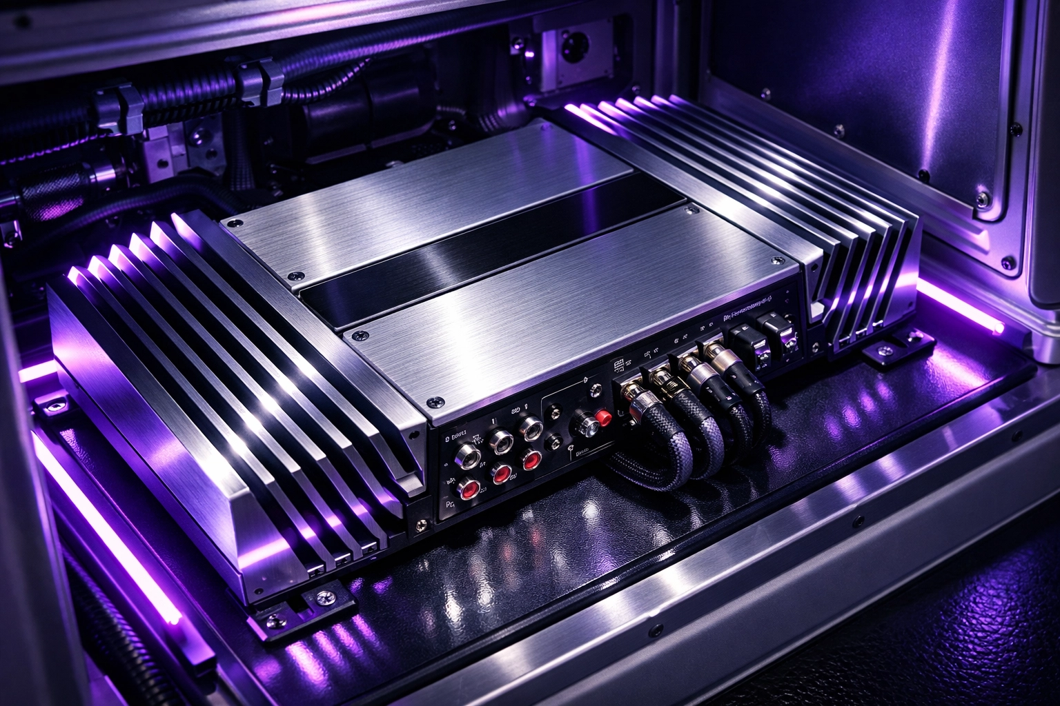 High-performance multi-channel marine amplifier with aluminum heat sinks for boat audio.