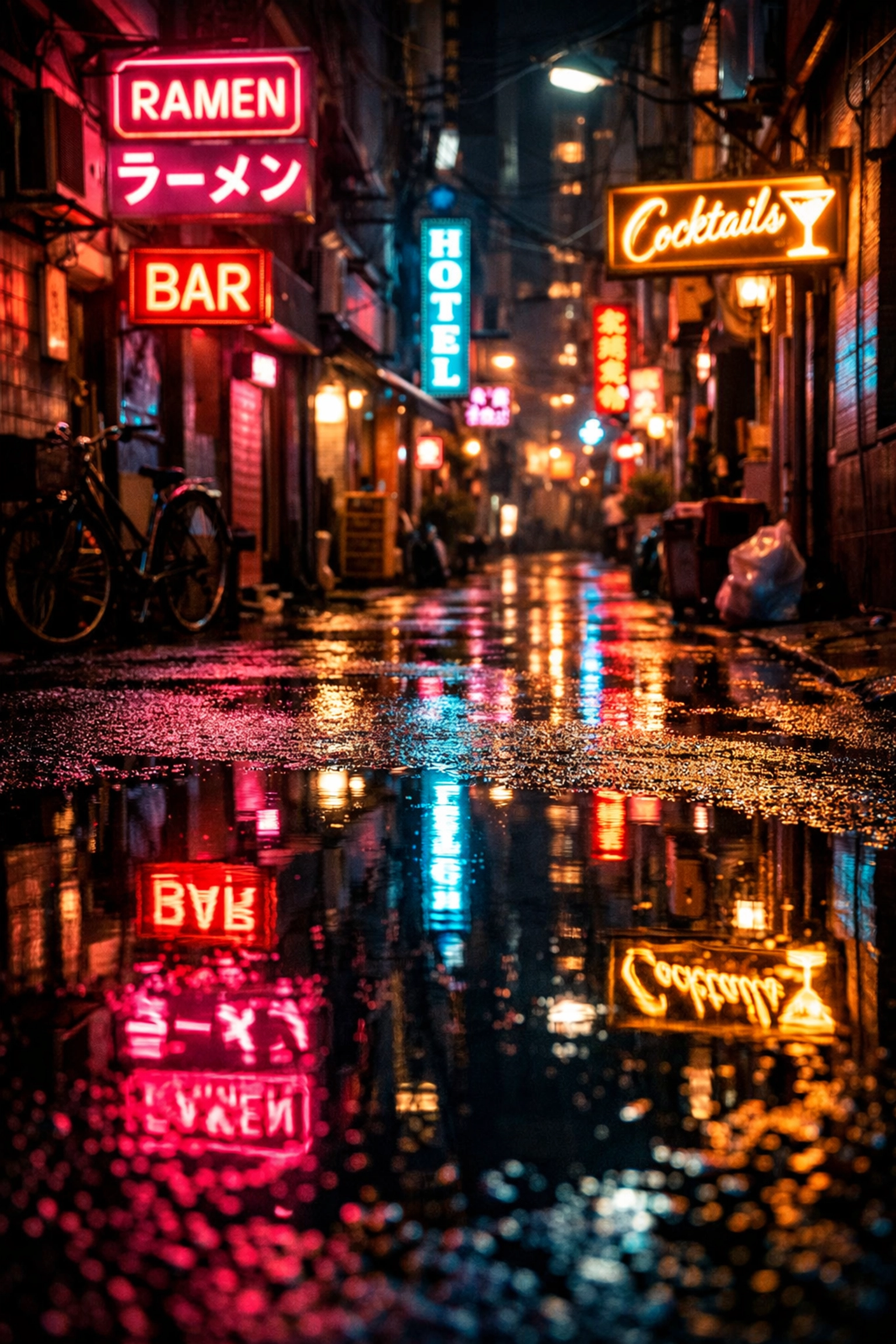 Vibrant urban alleyway at night with glowing neon signs, a creative photo spot idea for stunning city reflections.