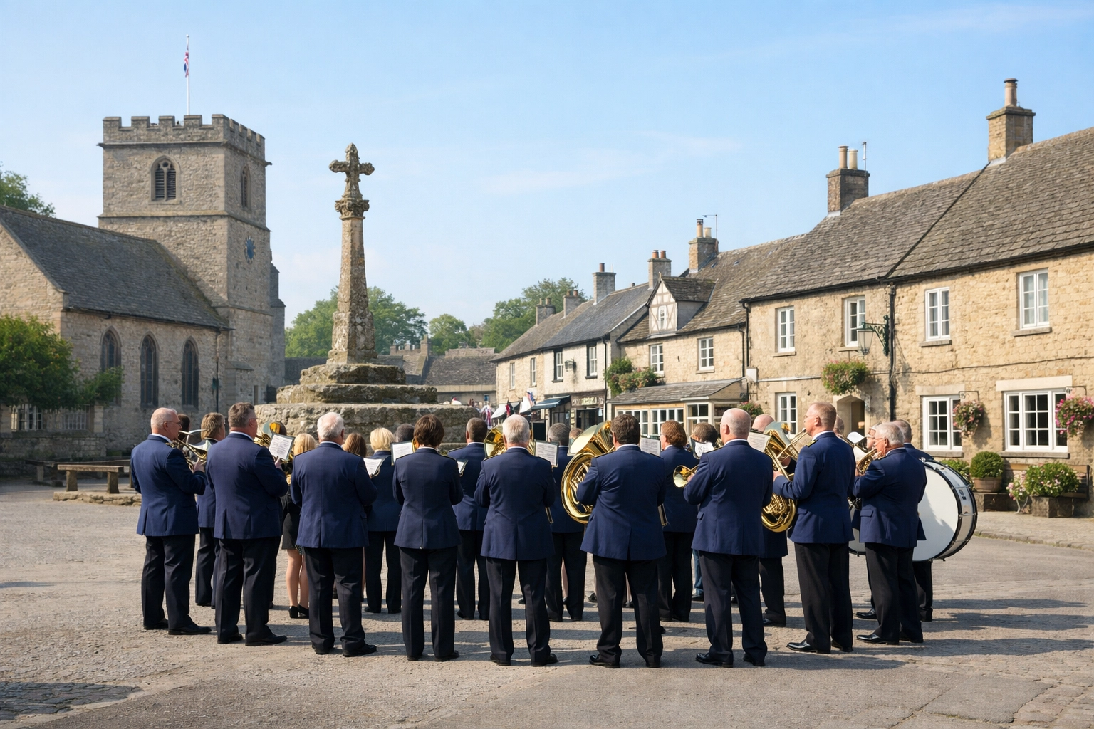 Historic UK brass band in uniform, highlighting the community ensembles that benefit from specialized band insurance.
