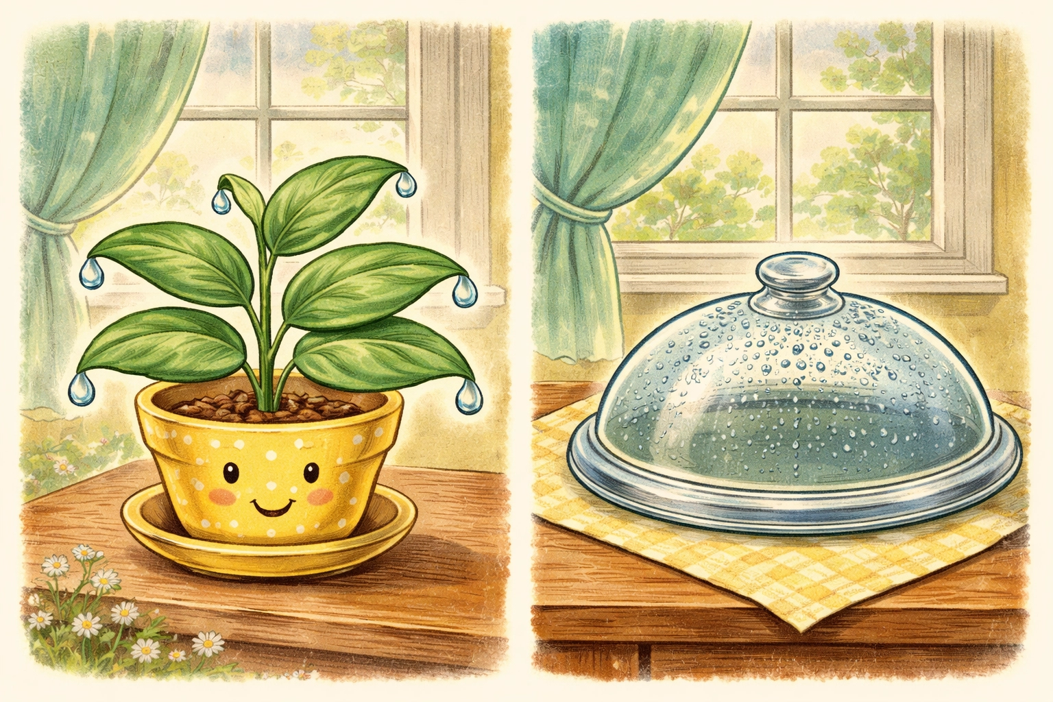 Side-by-side illustration comparing guttation droplets on a plant leaf and dew on a glass lid for educational gardening