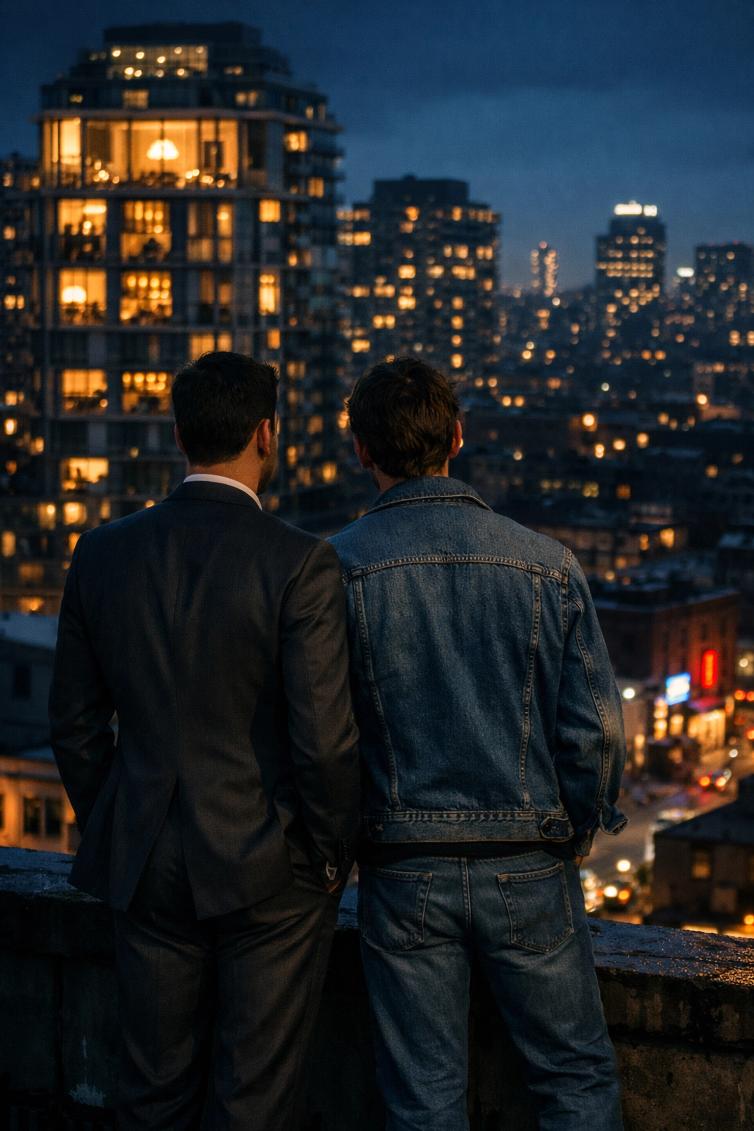 Two men on city rooftop overlooking wealthy and working-class neighborhoods in MM romance story