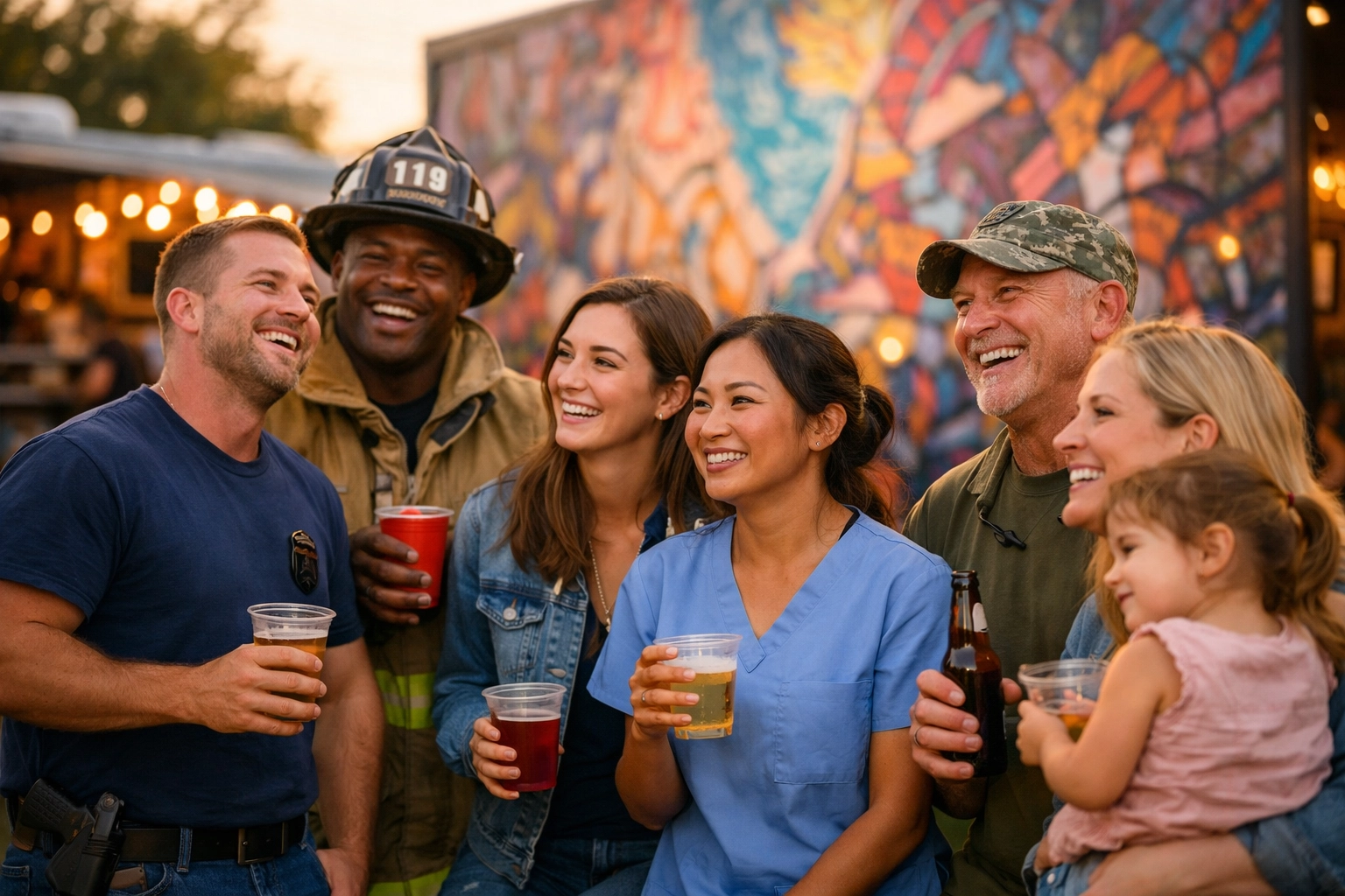 First responders and military families enjoying Phoenix First Friday community art event