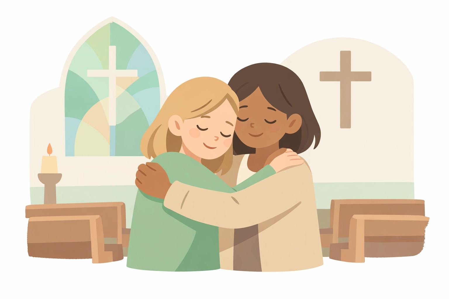 Two Women Embracing in Church