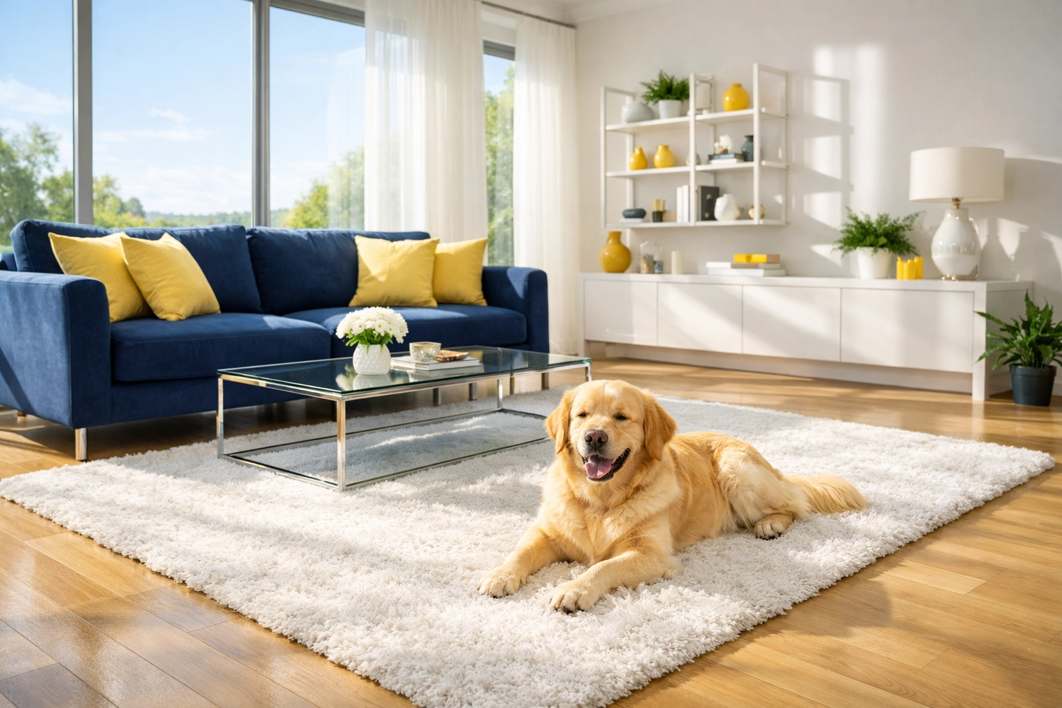 Modern living room after a weekly house cleaning service, featuring clean floors and organized navy blue furniture.