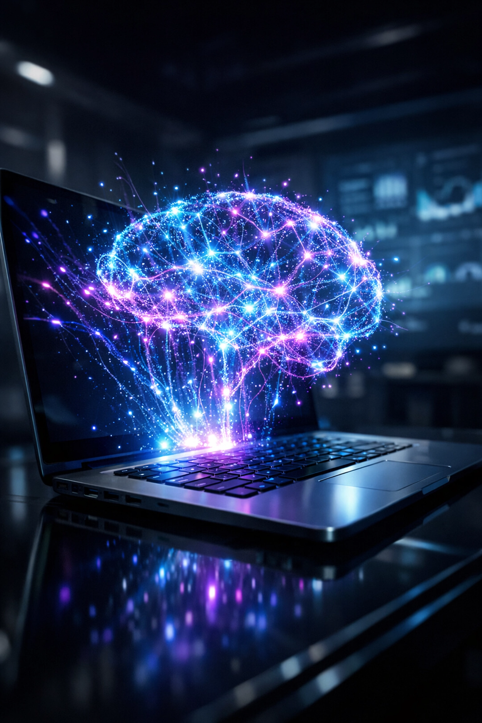 A laptop displaying a glowing neural network representing AI SEO and digital marketing data.