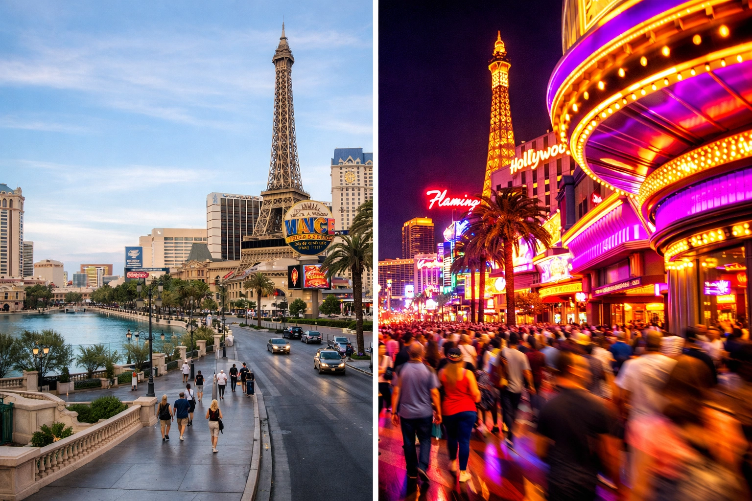 Las Vegas Strip comparison showing quiet weekdays versus crowded weekend nights