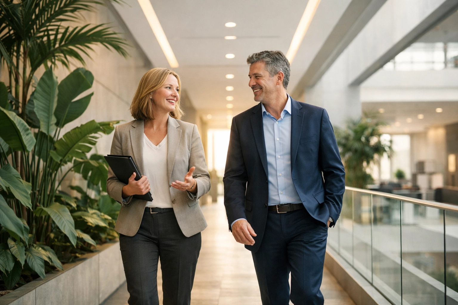 A business owner and advisor walking through a modern office discussing cash flow forecasting strategies.