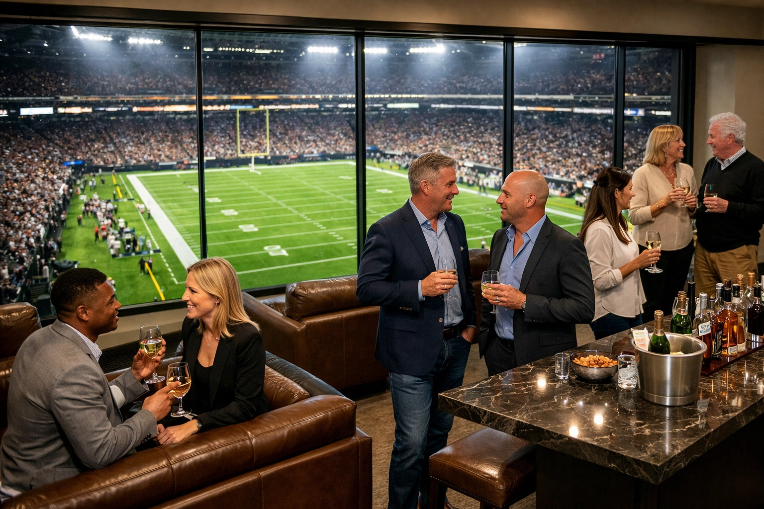 Executives networking in a luxury Super Bowl stadium suite with a view of the football field.
