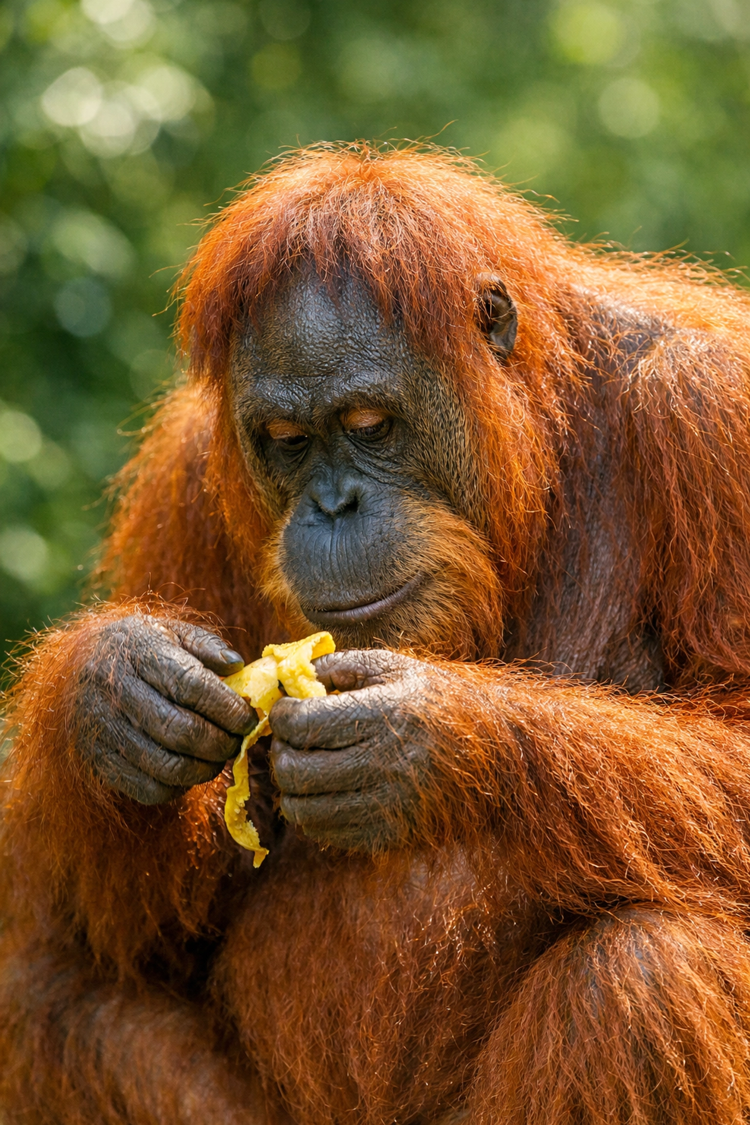 Bornean Orangutan displaying natural foraging behavior, highlighting authentic animal welfare through zoo photography.