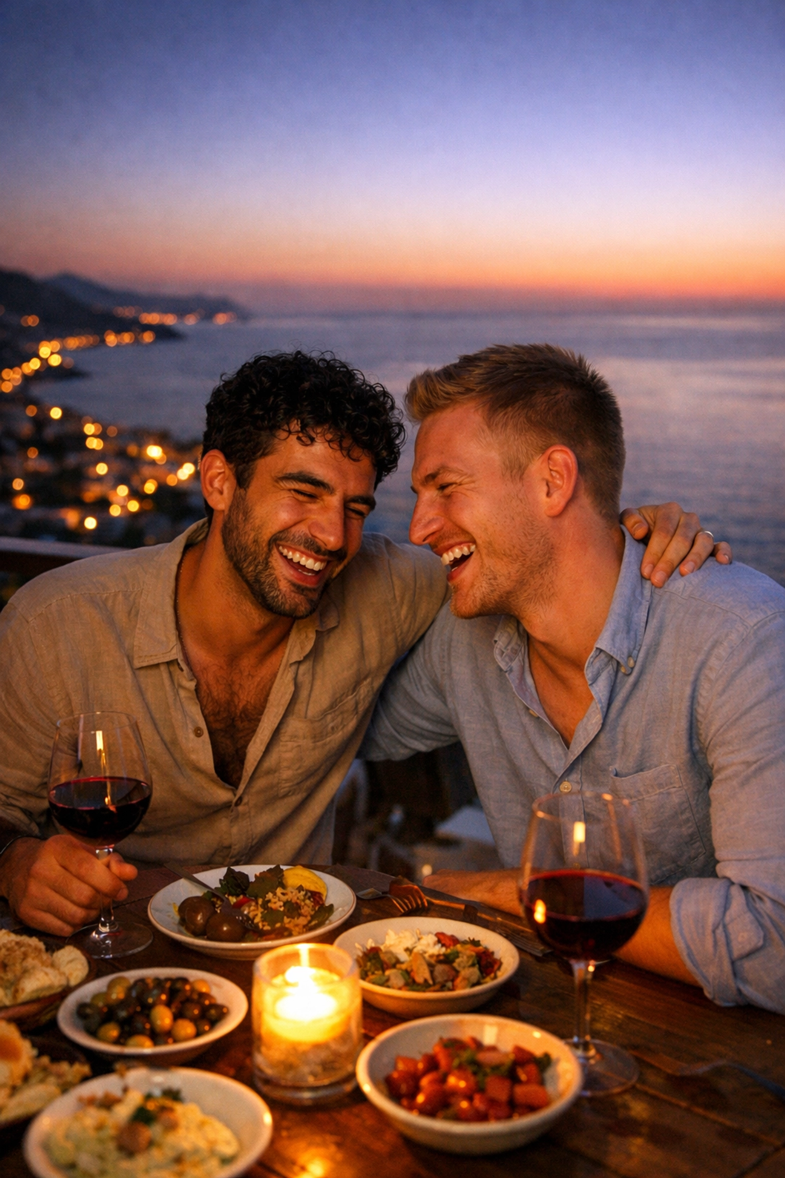 Greek and Albanian men enjoying romantic Mediterranean dinner - MM romance cross-cultural connection