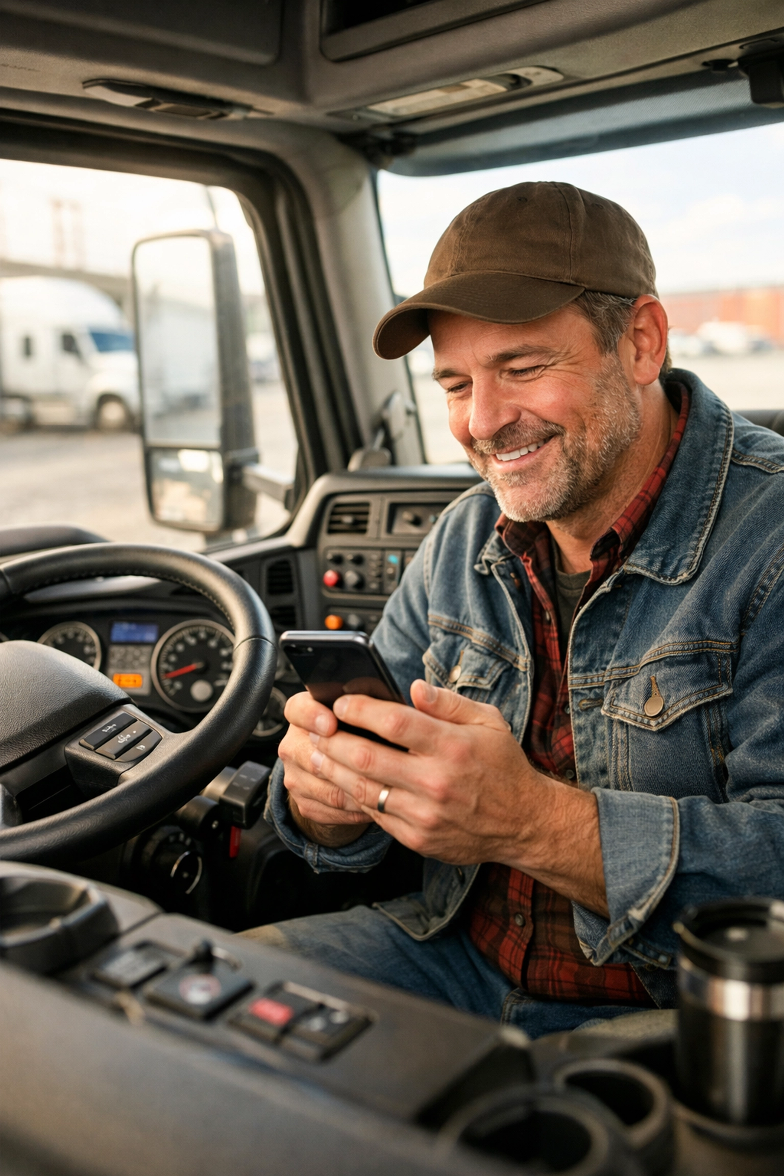 Truck driver using smartphone for online medical consultation while sitting in semi-truck cab