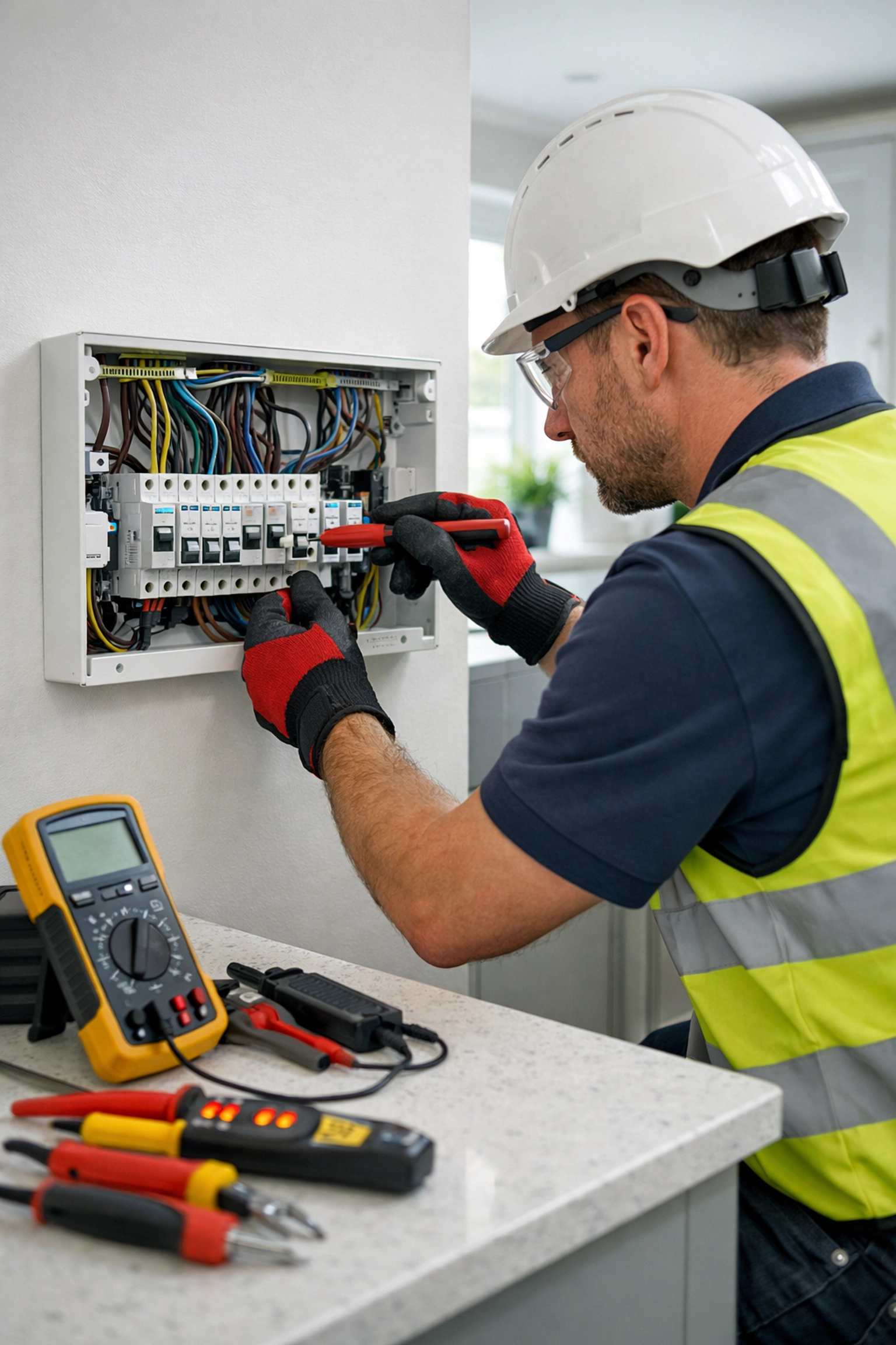 Qualified electrician in Dorset working on residential consumer unit upgrade