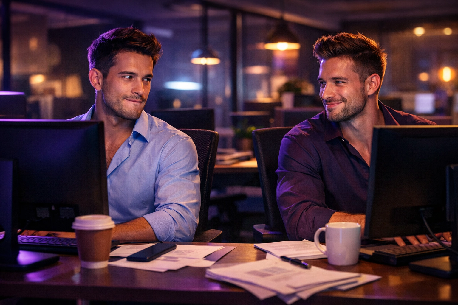 Two coworkers at office desks stealing glances in contemporary workplace romance scene
