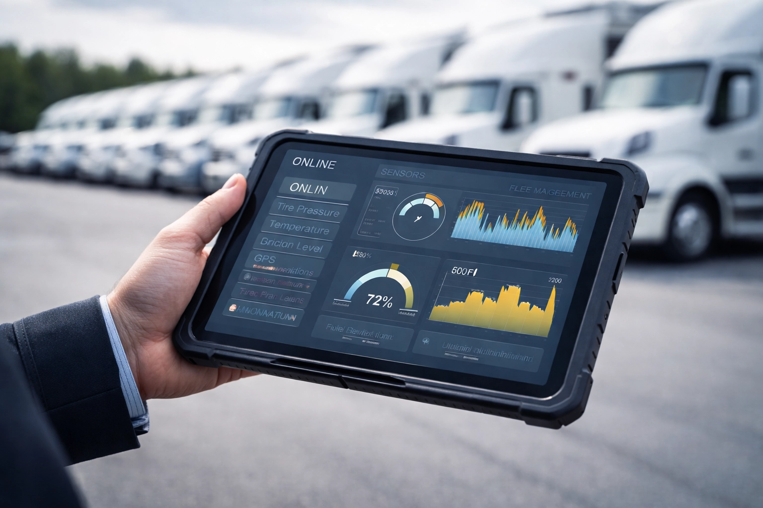 Hand holding a tablet displaying fleet management dashboard with sensor data, tire pressure, temperature readings, and graphs, with trucks in the background.