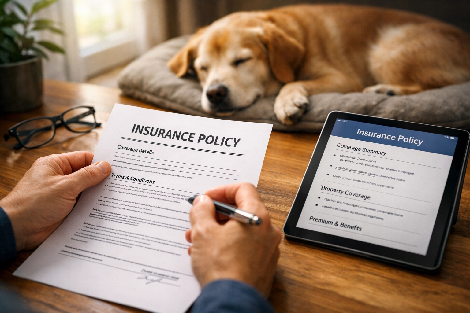 Pet care business owner reviewing insurance policy documents at desk with dog nearby
