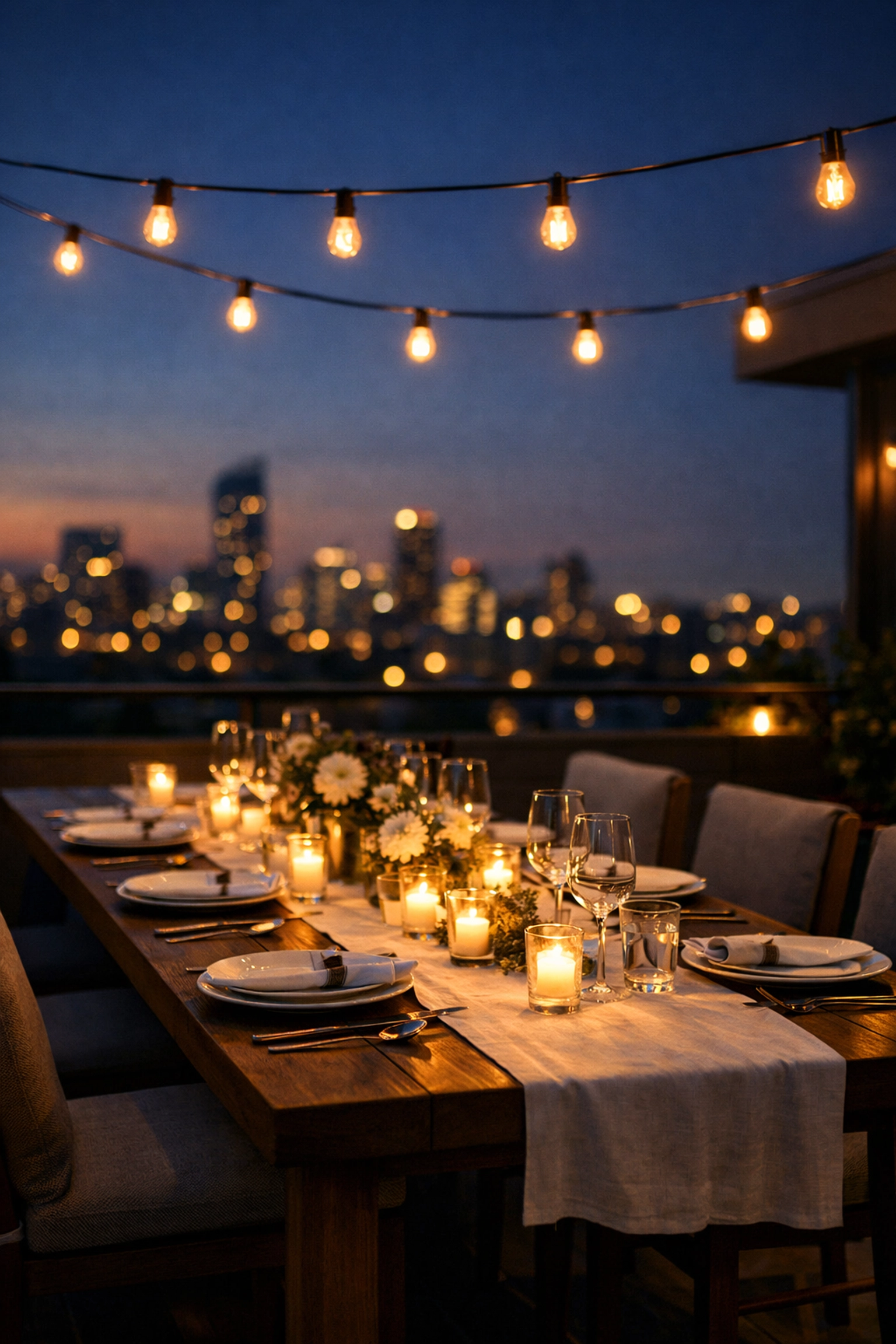 Elegant hotel rooftop dining setup with city views for high-margin event revenue.