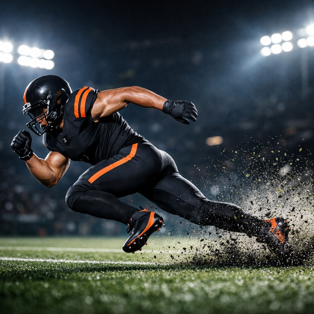 Boardwalk Beasts football player demonstrating explosive power and full extension off the line of scrimmage.