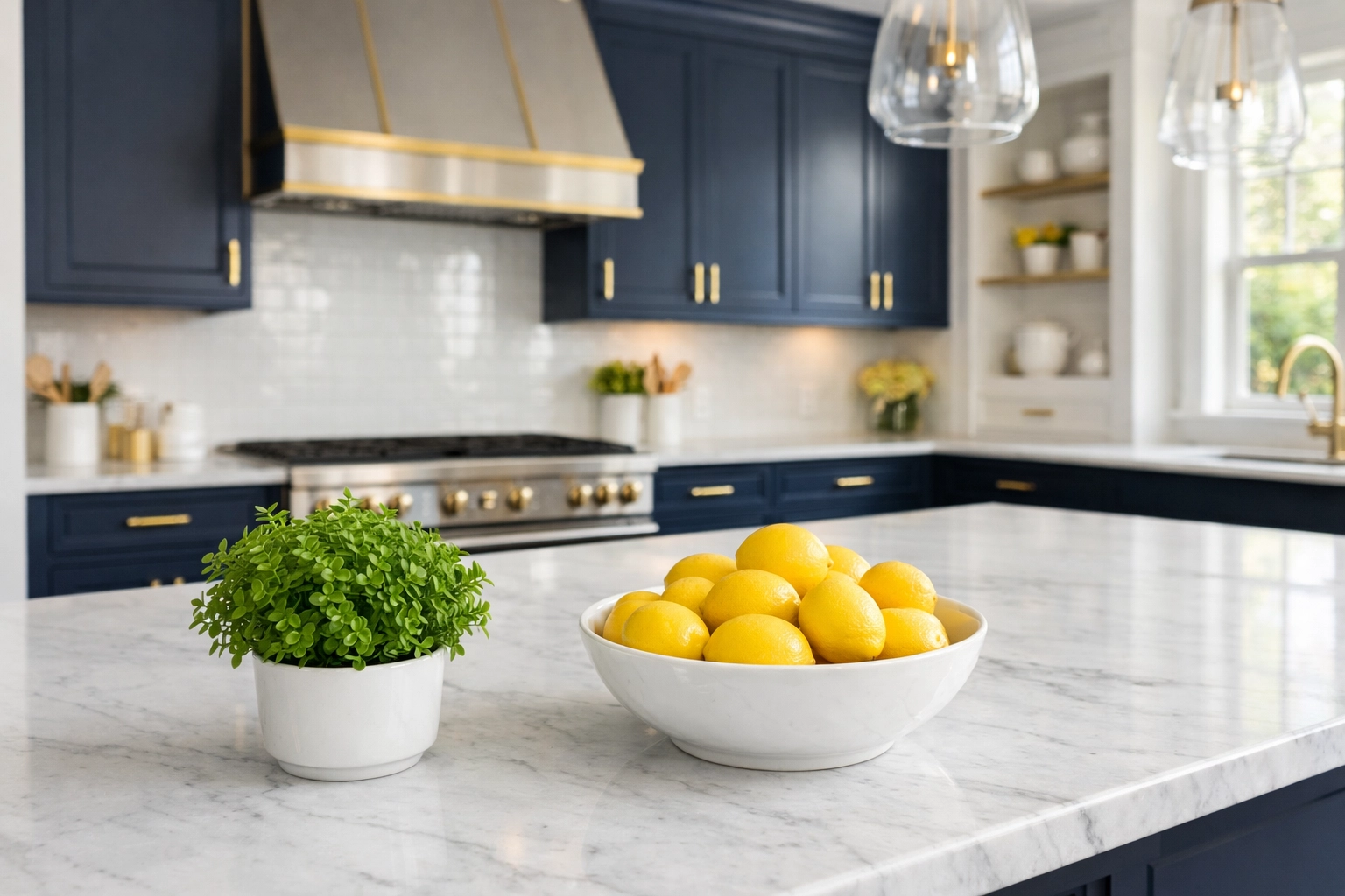 Eco-friendly residential cleaning Massachusetts in a luxury Dover kitchen with white marble surfaces.
