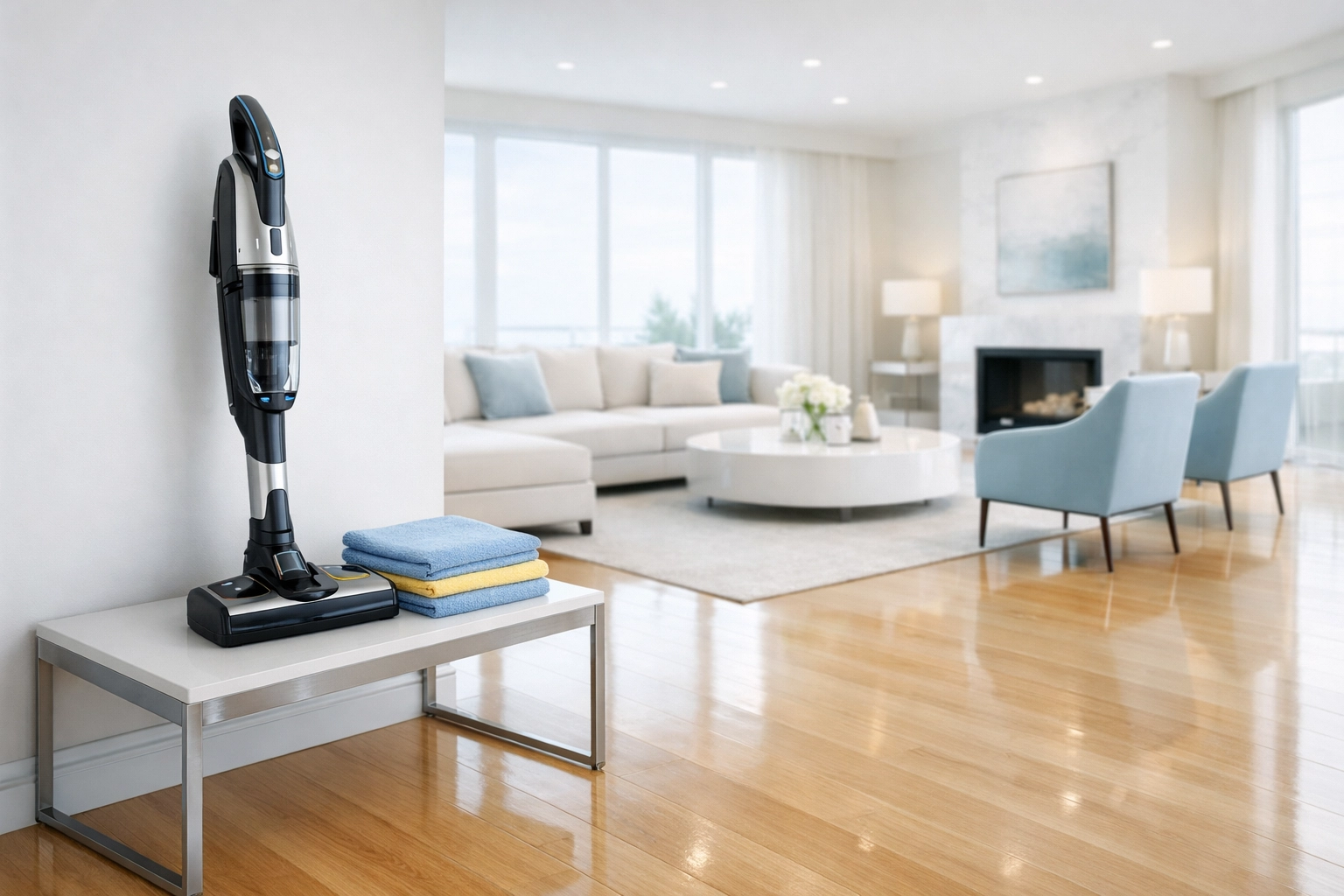 Professional cleaners MA efficiency hacks for a spotless living room with gleaming hardwood floors and minimalist decor.