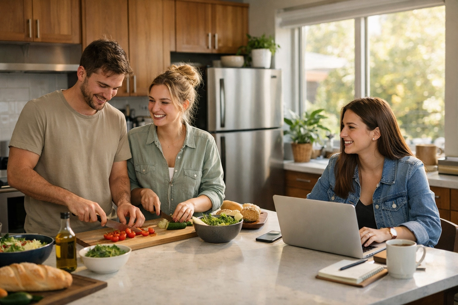 Young professionals sharing kitchen in Pineville co-living home fostering community connections