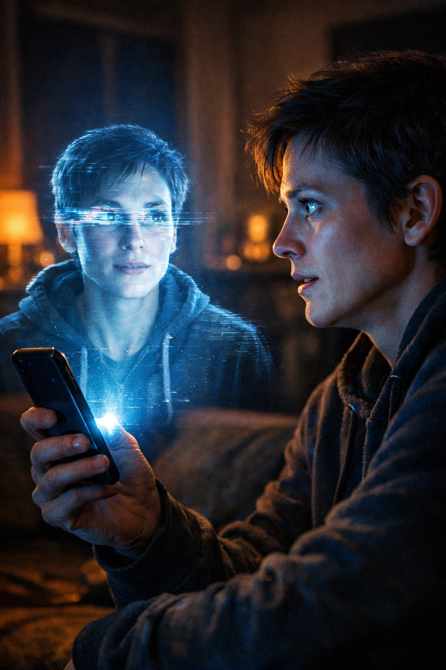 A person looks at a glitchy digital holographic clone on a smartphone, a common theme in techno thriller books.