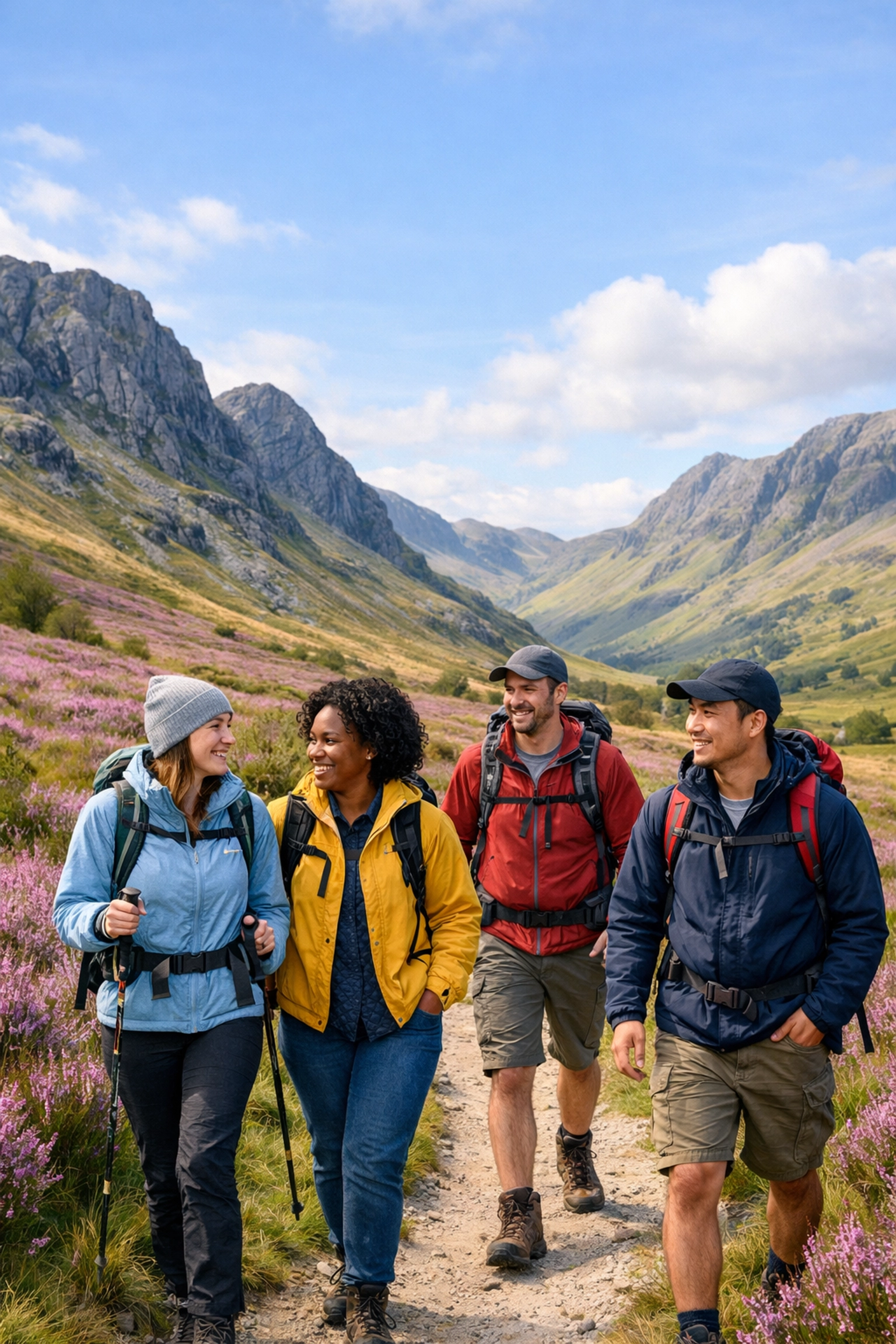 A group of people enjoying the social atmosphere of guided walks in the Lake District fells.