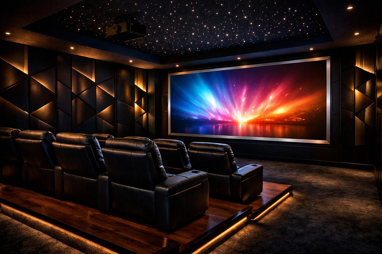 Luxury Minneapolis home theater installation with tiered seating and a massive projection screen.