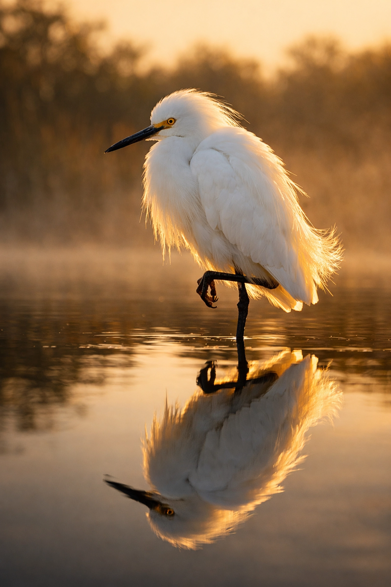Snowy Egret at golden hour in one of the best photography locations in the Florida Everglades.