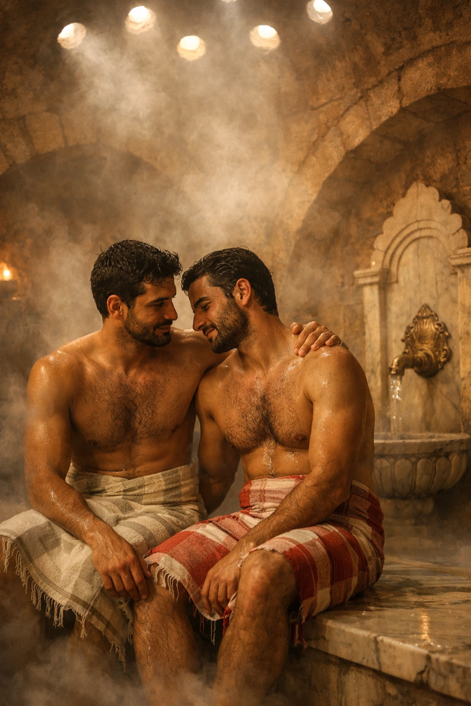 Two Middle Eastern men sharing a moment of intimacy in a historic stone hammam filled with steam.