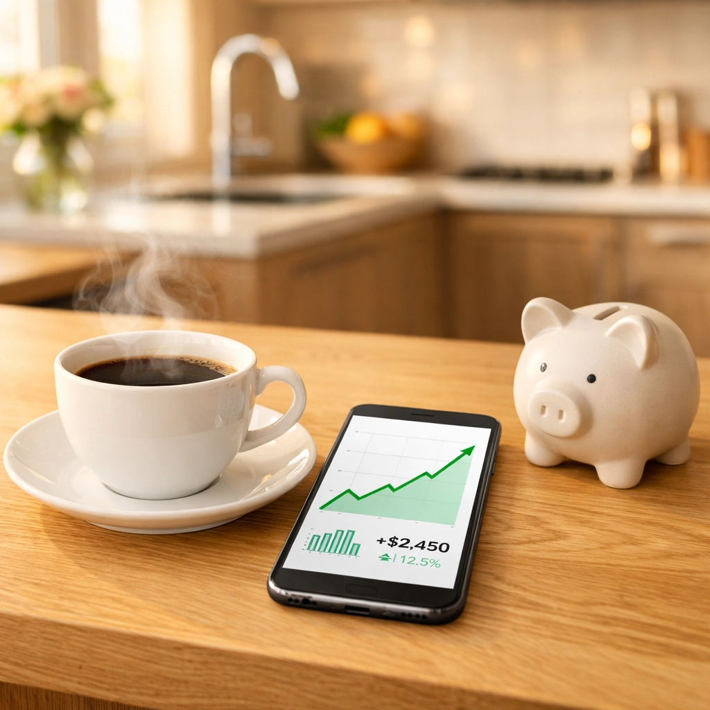 Managing mortgage savings with a financial app and piggy bank in a stylish Woking home.
