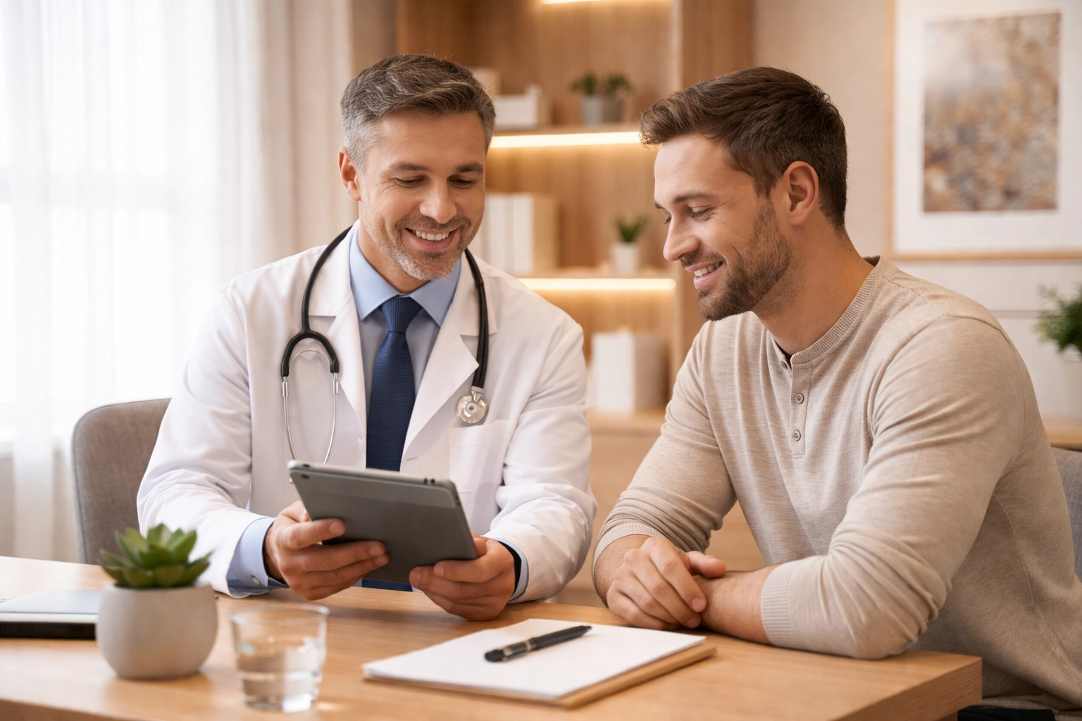 Male patient discussing TRT lab results with healthcare provider in welcoming Albuquerque clinic
