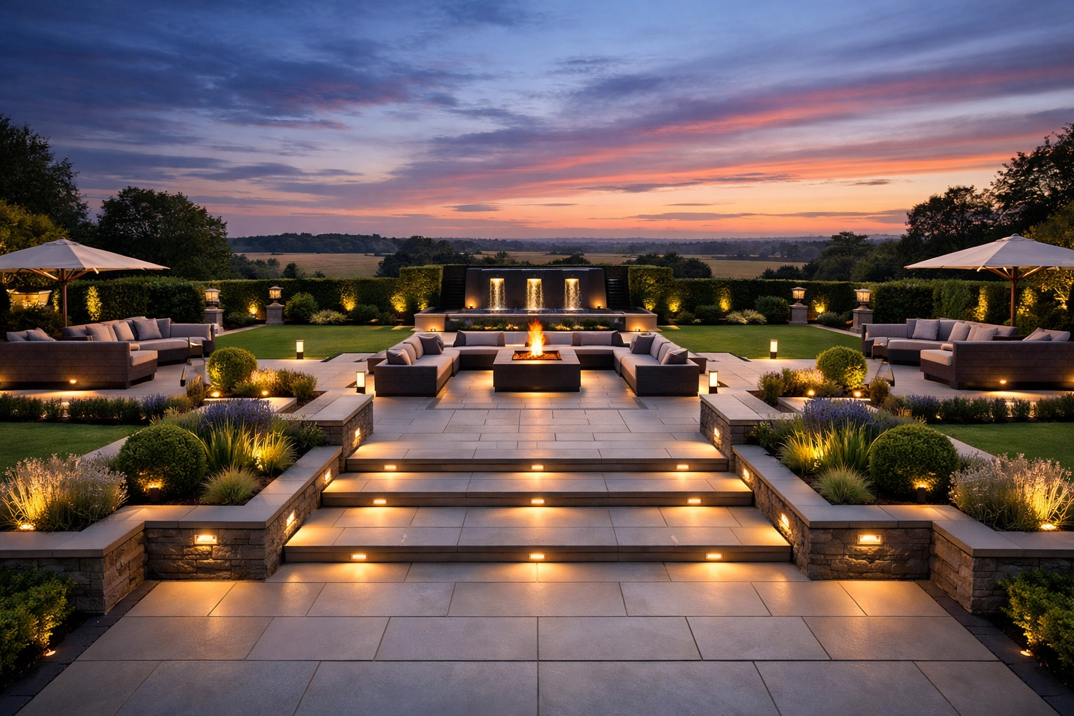 Luxury multi-level patio with LED lighting in a professionally landscaped Vale of Glamorgan garden.