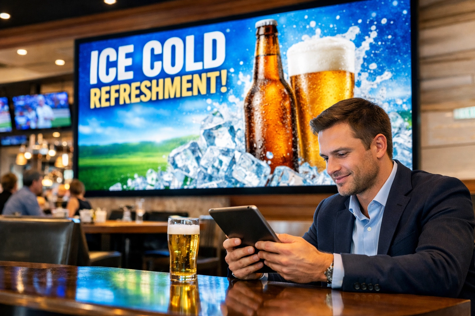 Sports fan in a high-end lounge looking at a digital screen showing a beverage advertisement.